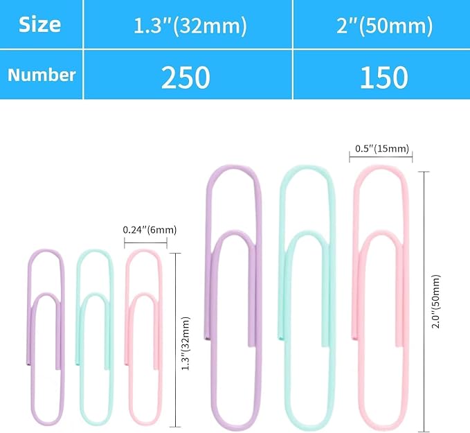 Multicolor Jumbo Paper Clips, Pastel, 1.3 Inch & 2 Inch, 400pcs | Office, School & Home, Document Organizing