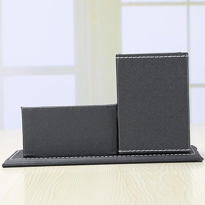PU Leather Desk Organizer and Accessories, Pencil Holder for Desk with Business Cards Stand, School Office Supplies Collection Caddy Black