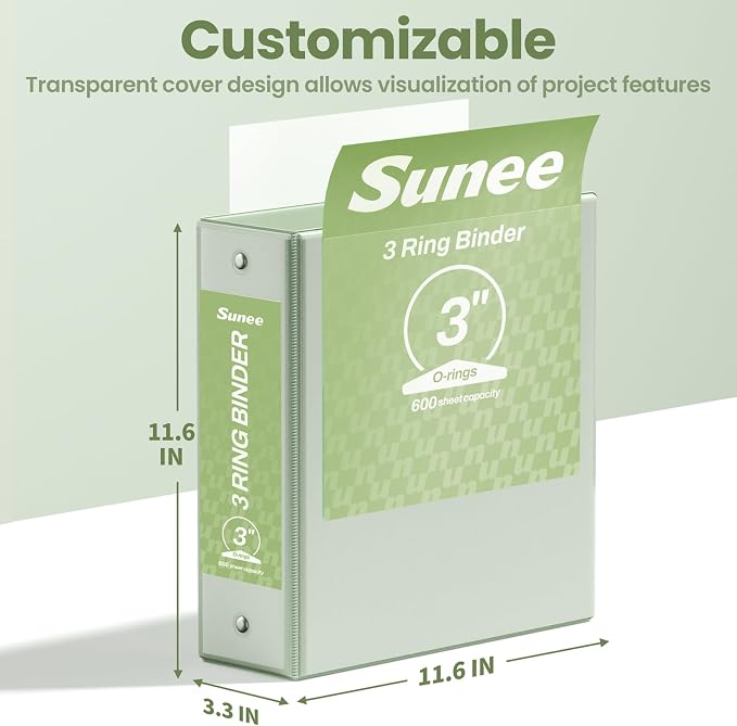 SUNEE 3 Ring Binder 3 Inch 1 Pack, Clear View Binder Three Ring PVC-Free (Fit 8.5x11 Inches) for School or Office Supplies, Sage Green