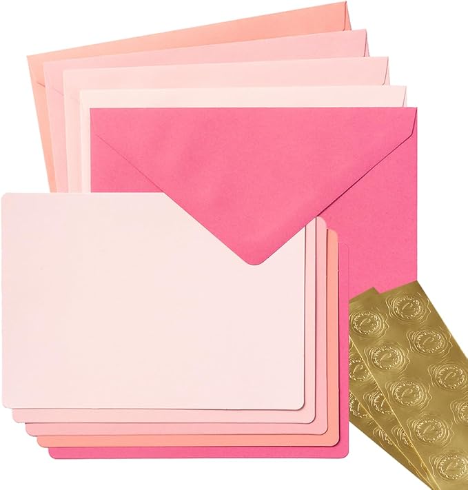 25 Pieces A7 Colored Envelopes with Cards and Stickers Set, Pink 5Colors | 5x7 inches Envelopes For Weddings, Invitations, Birthday, Baby Shower