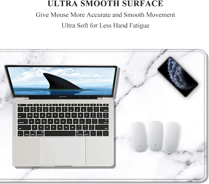 Auhoahsil Large Mouse Pad, XXL Gaming Mousepad, Desk Mat for Desktop, Thick Rubber, Big & Long Size, Stitched Edges, Full Desk Pad for Laptop & Computer, Extended 31.5 x 11.8 in, White Marble