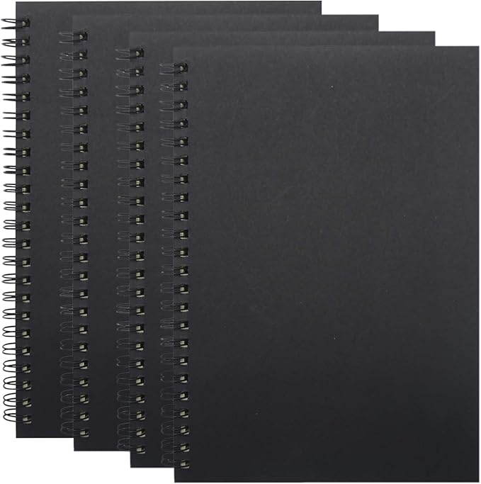 Yansanido Spiral Notebook, 4 Pcs A5 Black Craft Softcover 8mm Ruled 60 Sheets -120 Pages Journals for Study and Notes (A5-4 pcs Black/Lined)