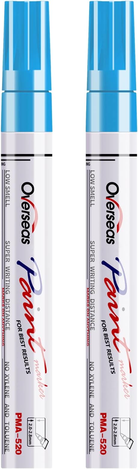 Overseas Light Blue Paint Pens Permanent Markers, 2 Oil Based Makrers | Medium Tip, Waterproof, Quick Dry, Fade Resistant, Bright Colors Marker Pen for Metal, Wood, Plastic, Rock, Rubber, Canvas