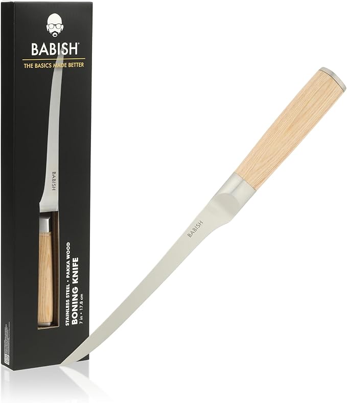 Babish 1.4116 German Stainless Steel Boning & Fillet Knife with Light Pakka Wood Handle – 6-Inch Full-Tang Flexible Kitchen Knife for Meat, Poultry, Fish & Precision Butchering