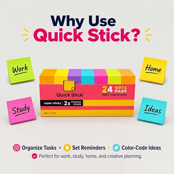 Sticky Notes, 24 Pads, 1680 Sheets Total, 3x3 in Bright Neon Colors, 2X Super Sticky Self-Stick Note Pads for Office, School, Home, Bulk Pack 70 Sheets Per Pad, Strong Hold Memo Notes