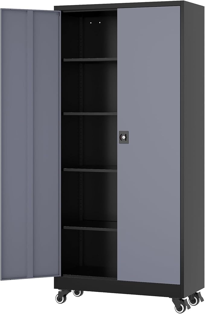 Fesbos Metal Rolling Storage Cabinet-74.6” Tall Steel File Cabinets with Wheels Lockable Doors and Adjustable Shelves-Black & Gray Steel Storage Cabinet for Home, School, Office, Garage