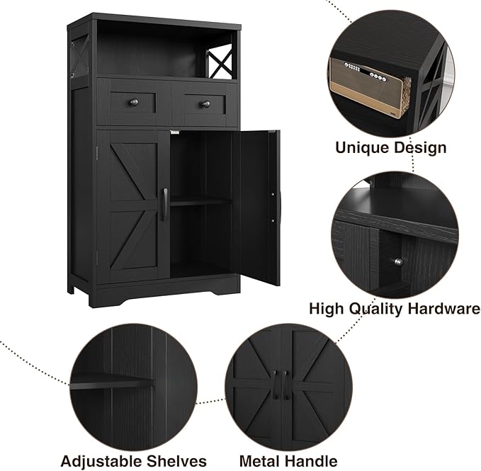 Farmhouse Storage Cabinet with Drawers, Small Kitchen Pantry Cabinet, Black | Accent Coffee Bar Cabinet Cupboard, 2 Drawers, 2 Barn Doors & Adjustable Shelves, for Kitchen/Entryway/Living Room/Bathroom