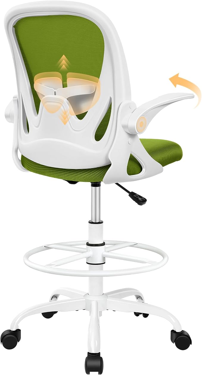 Drafting Chair Tall Office Chair with Flip-up Armrests Executive Ergonomic Computer Standing Desk Chair with Lumbar Support and Adjustable Footrest Ring (AvocadoGreen)