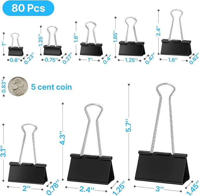 OWLKELA 80 Pcs Binder Clips, Assorted Sizes, Black | Metal Paper Clamps, Paper Binder Clip, Ideal for Office, Home and School Supplies