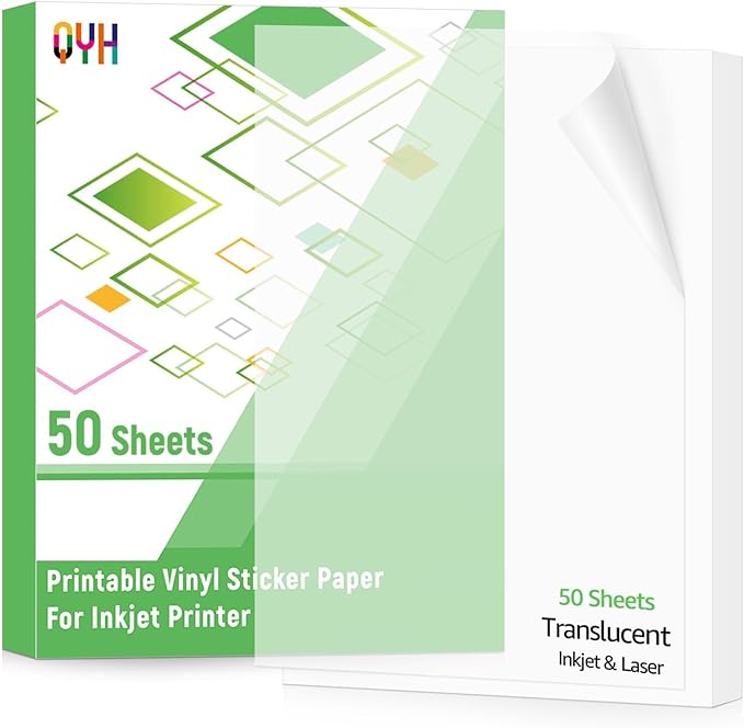 QYH Frosted Translucent Sticker Paper – 50 Sheets 8.5"x11" for Inkjet Printer, Waterproof & Compatible with Cricut, Glass Jars/Gift Labels