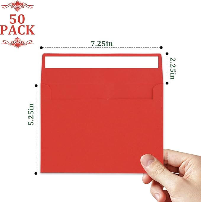 50 Pack A7 Red Envelopes - 5x7 Self-Sealing Envelopes for Invitations, Photos, Postcards, Greeting Cards & Mailings - Wedding Occasion