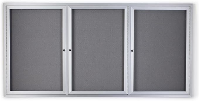 72 x 36 Inch Fabric Tack Board, 3 Locking Swing-Open Doors, 6 x 3 Foot Enclosed Bulletin Board for Wall Mount, Hardware Included - Silver Aluminum Frame with Light Gray Fabric