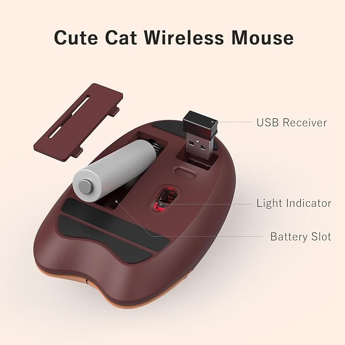 Cute Cat Wireless Mouse, 2.4GHz Wireless Silent Mouse, USB Receiver Plug and Play, 3 Adjustable DPI, Compatible with Notebook, PC, Laptop, Computer- Coffee Colorful