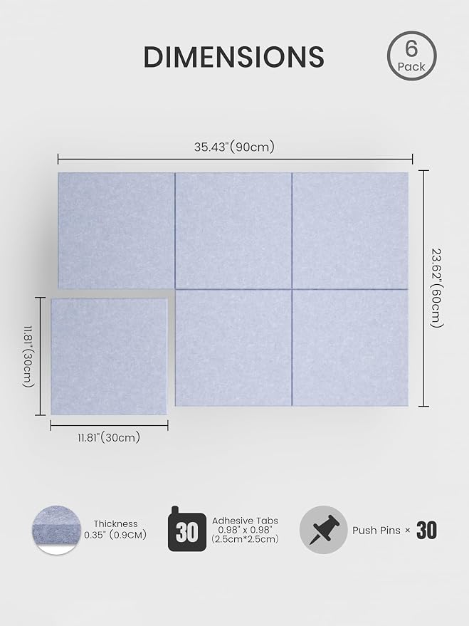 Bumusty 36" x 24" Large Cork Board Alternative, Soft Periwinkle | 6-Pack Felt Bulletin Board Tiles, 60 Adhesive Tabs, 30 Pushpins, Home, Office, Classroom, Vision Board