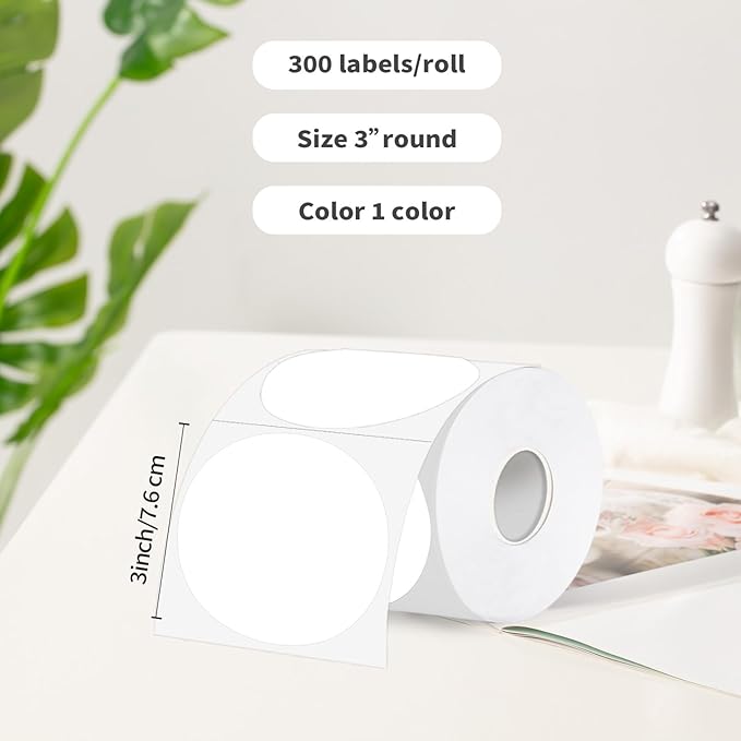 3 Inch Thermal Label,White Round Thermal Printer Label,Waterproof Thermal Stickers for DIY Logo Design,Name Tag,Thanks Card 300 Labels/Roll (White)