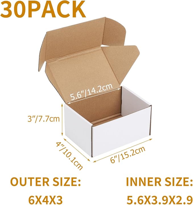 PHAREGE 30 Pack 6x4x3 inch Small Shipping Boxes, White Mailing Boxes | Tuck Top, Quick Fold, Easy Assemble, Shape Well, Single Corrugated, DIY Cardboard, Card Shipping, Small Business Packaging