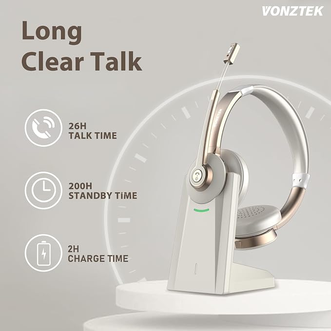 Wireless Headset, Bluetooth Headphones with Microphone AI Noise Canceling/Charge Dock, Wireless Headset with Mic Mute & USB Dongle for Computer Phone Remote Work Office Call Meeting Teams
