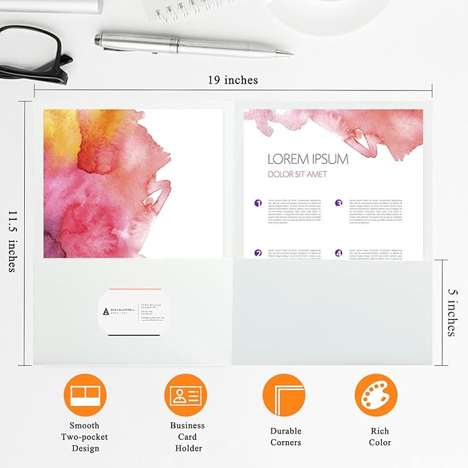 100Pcs White Folders with Pockets and Business Card Holder,2 Pocket Folders for School,Home or Office,Durable Heavy Duty File Folders