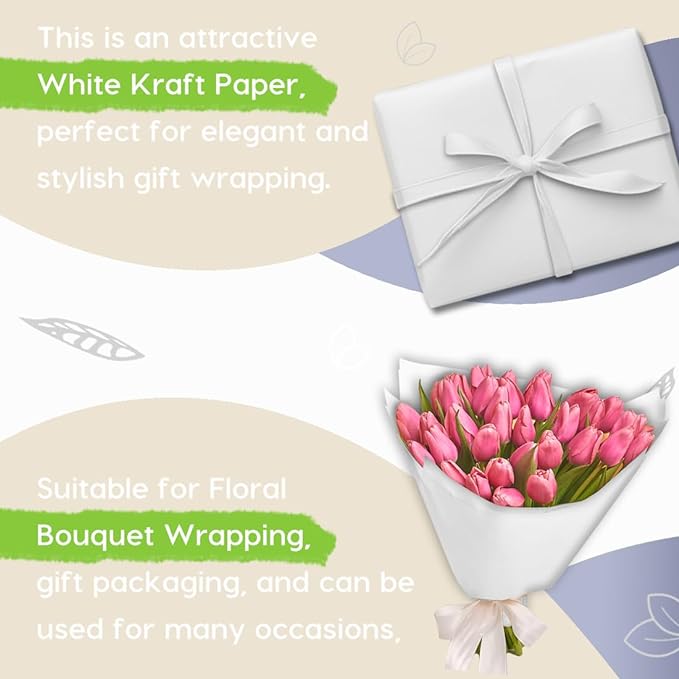 SMART&CASUAL 24" x 1,500" (125') White Kraft Craft Paper Roll for Gift Wrapping Bulletin Board Bouquet Flower Kids Art Packing Parcel Table Covering 80GSM 55LB (White, 24" x 125')