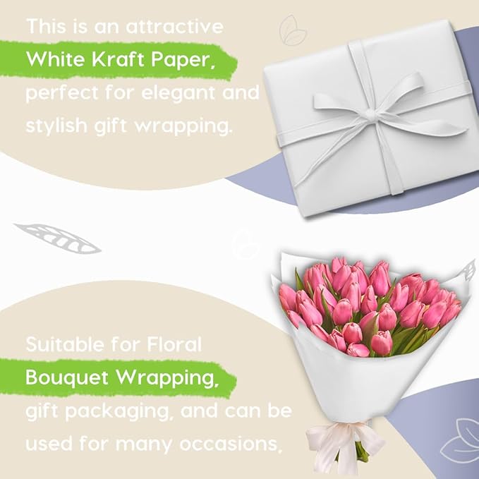 SMART&CASUAL 36" x 1,500" (125') White Kraft Craft Paper Roll for Gift Wrapping Bulletin Board Bouquet Flower Kids Art Packing Parcel Table Covering 80GSM 55LB (White, 36" x 125')