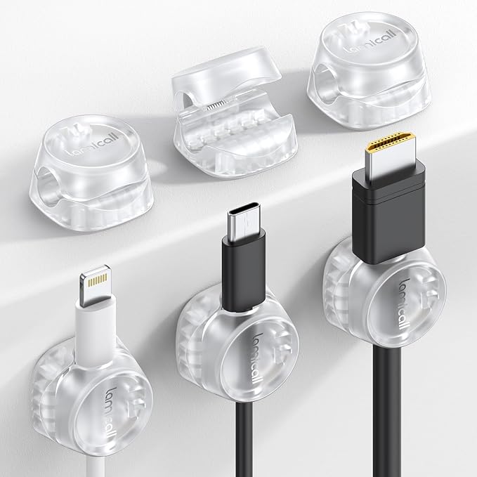 Lamicall 6 Pack Cord Organizer, Office Desk Accessories, Clear Cable Clips | [1s Lock] Spring Cable Management Clips for Desk Nightstand Car, School Home Workspace Decor, College Dorm Room Decor Gadgets
