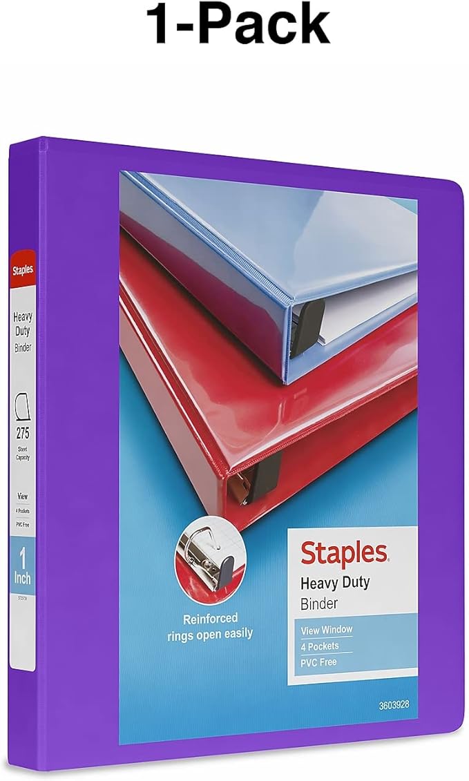 Staples Heavy-Duty 1-Inch D-Ring View Binder, Reinforced Spine, Holds Up to 275 Sheets, Purple, for Office & School