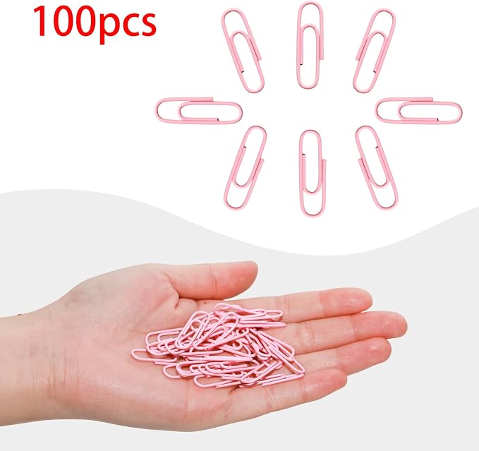 100 Pcs Pink Paper Clips, 1.1 Inch (28mm) Colorful Paperclips | Vinyl Coated, Colored Paper Clips, Rust Proof, for Office, School, DIY, Bookmarks and Document Organization
