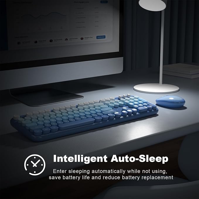 MOFII Wireless Keyboard and Mouse Combo, Computer Full Size 2.4G Plug and Play Wireless Typewriter Retro Round Keyboard and Mouse Set for Windows, Computer, Desktop, PC, Notebook - (Light Blue)