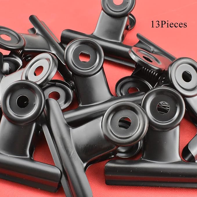 HAHIYO 2inch Black Bulldog Clips Metal File Hinge Binder Clips Clamps Save Space Strong Spring Jaws Rock Solid Grip Book Lay Flat Deburred Edge for Hang Photos Wall Grid Dog Food 13PCS