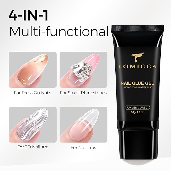 TOMICCA 4 In 1 Gel Nail Glue 30g UV Nail Glue for Press ons Semi Solid Nail Gel Glue Strong Nail Glue on Nails Tips for Fake Acrylic Nails Extension - UV Light Required