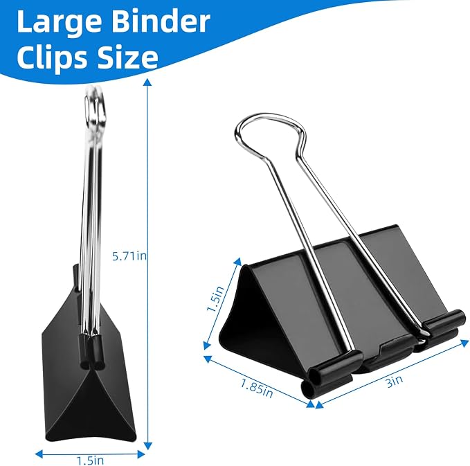 Jumbo Binder Clips 3 inch,75mm Width,6 Pack Extra Large Binder Clips for Office,School and Home Organization,Black