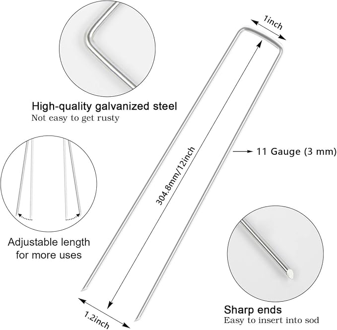 12 Inch 100 Pack Galvanized Landscape Staples 11 Gauge Anti-Rust Garden Stakes Landscaping Fabric SOD Pins Yard Stakes for Weed Barrier Fabric