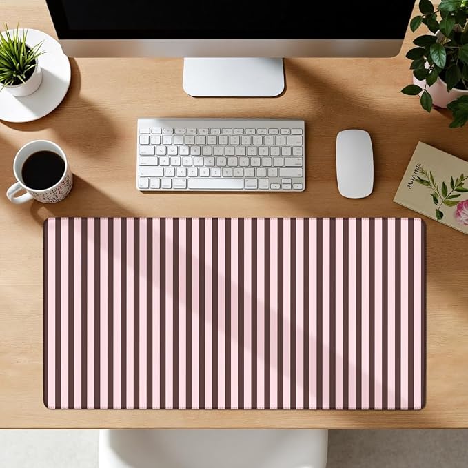 Dark Brown Pink Striped Desk Mat Cute Pastel XXL Large Gaming Mouse Pad Desk Pad Kawaii Cozy Aesthetic Keyboard Laptop Computer Mat Home Office Decor for Women