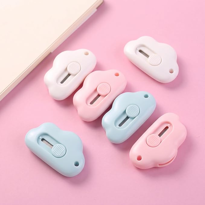 6 Pack Cloud Retractable Box Cutters Mini Package Openers | 6PCS cloud-shaped mini box cutters place compact package openers across home office desk craft travel or daily mail routines
