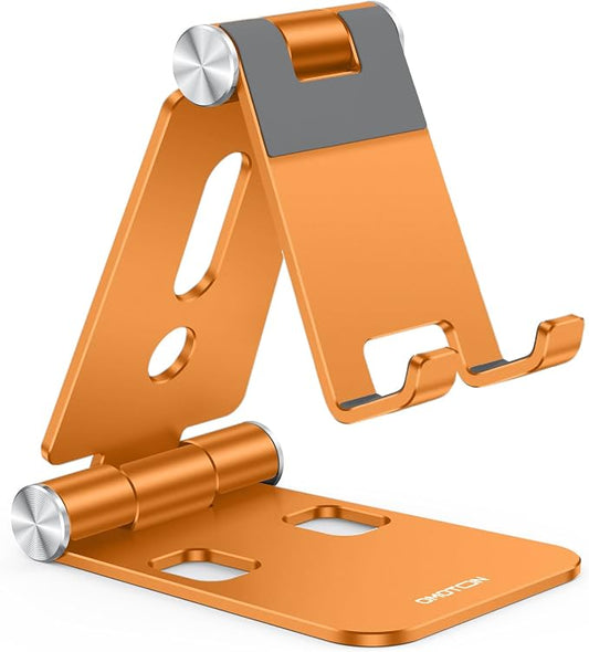OMOTON Foldable Cell Phone Stand, C4 Portable Aluminum Phone Holder | Adjustable Phone Dock Cradle Compatible with iPhone 17/16/15 Pro Max Air, Samsung Galaxy, Small Tablets, SmartPhones, Orange