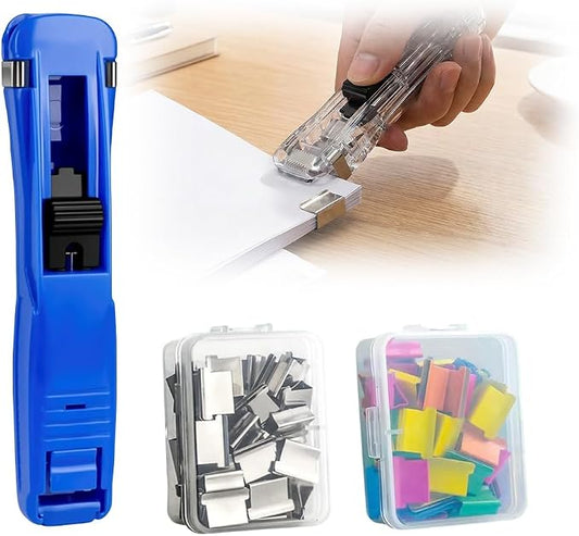 Portable Binder Clip Stapler, 2026 New Portable Office Tool, Durable Desk Organizer for Study Room, 100 Metal Refill Clips (50 Silver + 50 Color) for Home (1, Blue)