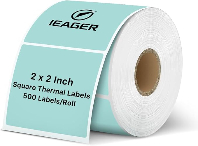 iEager Green Square Thermal Label Stickers, 2"x2" Self-Adhesive Square Direct Thermal Labels with Perforation Line, 500 Sheets/Roll