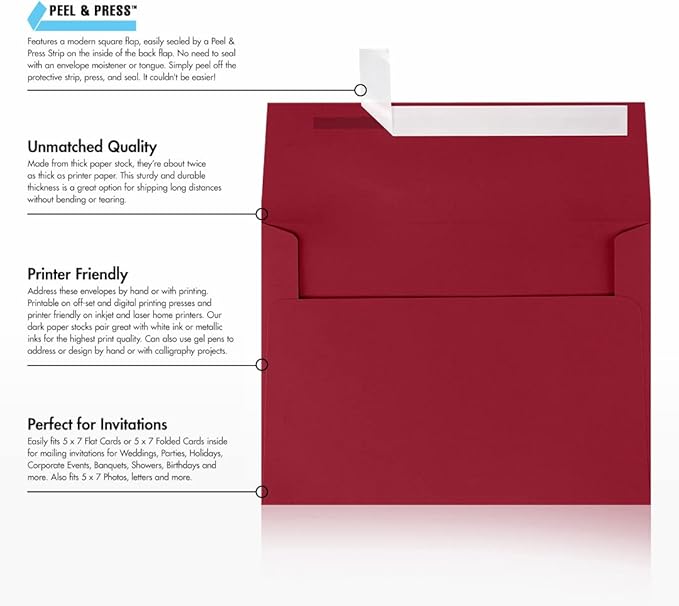 LUXPaper A7 Invitation Envelopes | Peel & Press | 5 1/4" x 7 1/4" | Garnet Red | 80lb. Text | 50 Qty