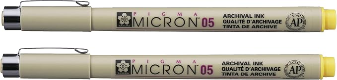 SAKURA PIGMA MICRON 05 FINELINER PEN, 0.45MM LINE WIDTH, PACK OF 2 (Yellow)