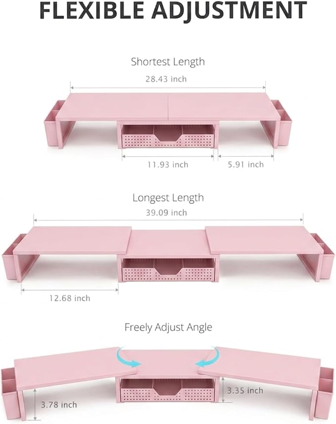 Desk Organizers and Accessories, Dual Monitor Stand Riser with Drawer and 2 Pen Holders, Desk Shelf Computer Racks for Office Workspace Organizers, Desktop Organization (Peach-pink)