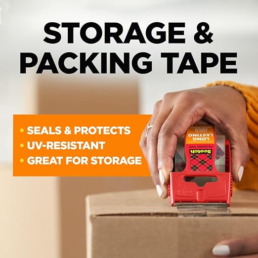 Scotch Long Lasting Storage Packing Tape with Dispenser, 1.88 in x 22.2 yd Roll, Clear – UV Resistant Adhesive for Moving, Shipping and Long-Term Storage (6 Rolls)