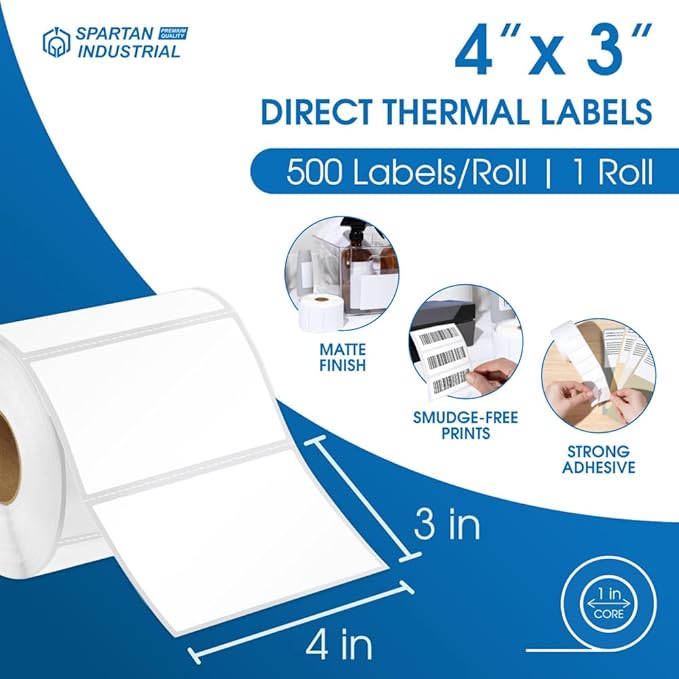 Spartan Industrial - 4" X 3" Direct Thermal Labels (500 Count, 1 Roll) - Shipping and Postage Barcode Labels, Product Packaging Identification - Compatible with Zebra and Rollo Printers