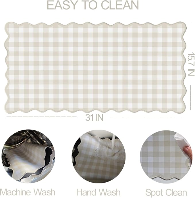 Scalloped‌ Beige Checkered Gingham Desk Mat Cute Pastel Large Mouse Pad Kawaii Cottagecore ‌Vintage‌ Rustic Keyboard Pad Computer Mat for Desktop Aesthetic Cozy Office Desk Decor