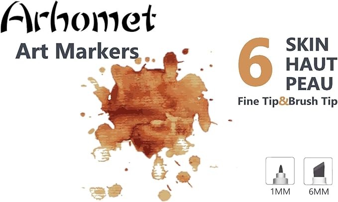 Arhomet 6 Colors Skin Tone Alcohol Markers Set, Skin, Wood, Earth Colors Dual Tips Art Markers Drawing Sketched Double Tipped for Adults Beginner Artists (Skin Tone)