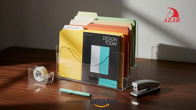 Azar Displays 250099 Three Tier File and Brochure Desktop Wall Organizer Holder with Dividers, Brochure Display Stand, Acrylic File Holder, Clear, 8.5" x 11"