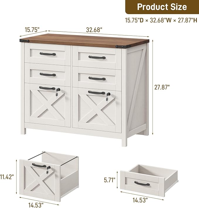 Halitaa Farmhouse Lateral File Cabinet with 6 Drawers, Rustic White | Lateral Filing Cabinet with Lock for Letter/A4 Size Hanging File, Wood File Storage Cabinet Printer Stand for Home Office