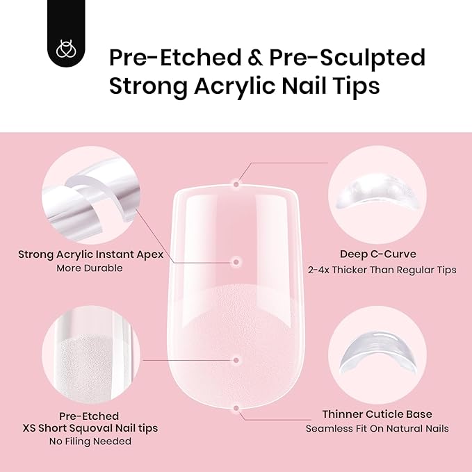 Beetles Tipex Instant Apex Nail Tips, XS Short Squoval, 16 Sizes |00–14, 192pcs, Built-In Apex, No Builder Gel Required, Thicker Strong Acrylic Tips for DIY Nail Extensions