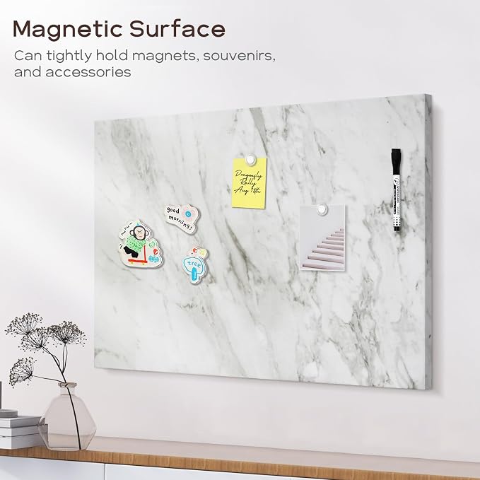 Decorative Magnetic Board for Wall, 24''x18'' Dry Erase Board, White Marble | Magnet Board, Display Board, Wall Mounted, for Home, Office, Kitchen, 2 Markers, 6 Magnets
