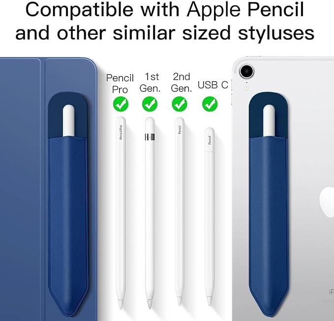 MoKo Adhesive Pencil Case Holder Sticker for Apple Pencil, Navy Blue | Elastic Pencil Pocket Pouch, Adhesive Sleeve, Attached to iPad Case, For Pro/USB-C/1st/2nd Gen and Similarly Stylus Pens