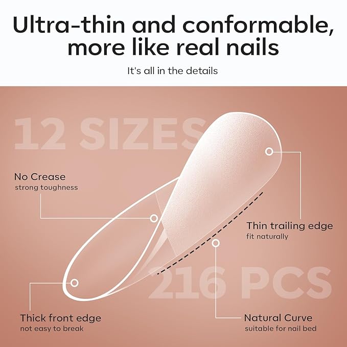 modelones X Nail Gel Kit Short Almond, 9-in-One Nail Glue with Portable U V Lamp 216Pcs 12Sizes Pre-Etched Press ons Fake Acrylic Extension Kit DIY Salon Gift for Women